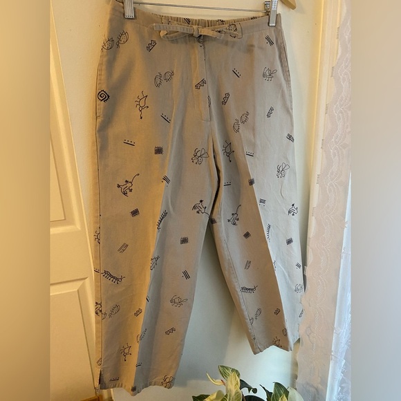 Cute Bug Print Cropped Khaki Pants Tie Waist Linen Cotton Blend Sz Small Quirky - Picture 1 of 9